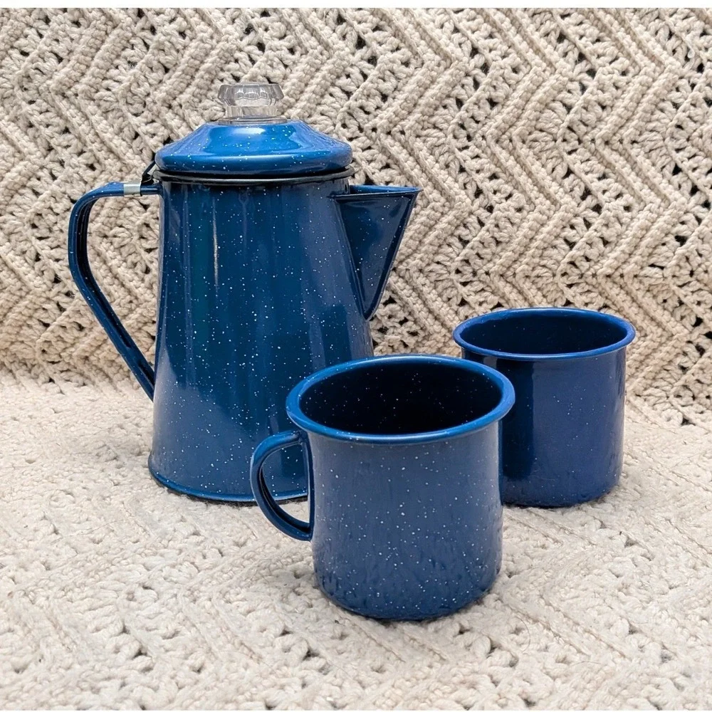 Vintage Blue Speckled Enamelware Coffee Percolator and 2 Mugs Camping Set